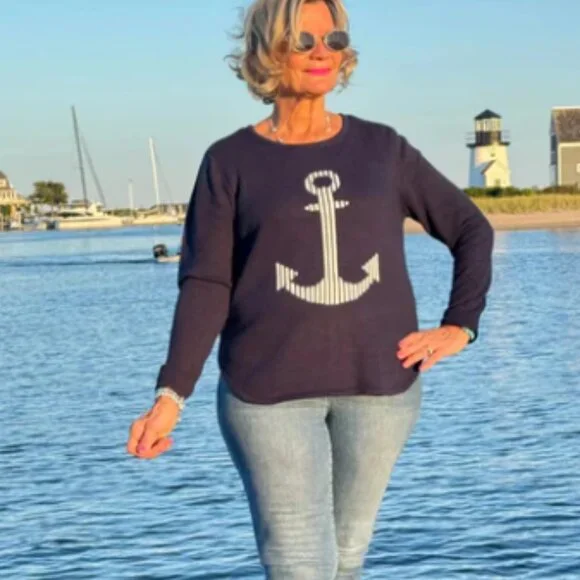 NWT Lulu B Anchor Sweater Size Medium Nautical Navy Blue Boat Coastal Preppy - Picture 2 of 13